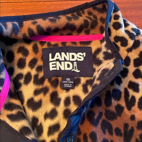 Lands' End Brown Leopard Fleece Pullover - Picture 2 of 5